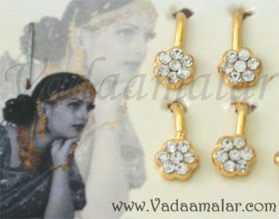 4 pieces Kuchipudi Bharatanatyam nose pin stud flower imitaion gold colour unpierced nose pins