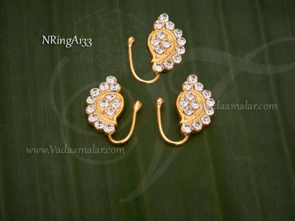 3 pieces Bharatanatyam Kuchipudi nose pin Nath White stones unpierced nose pins