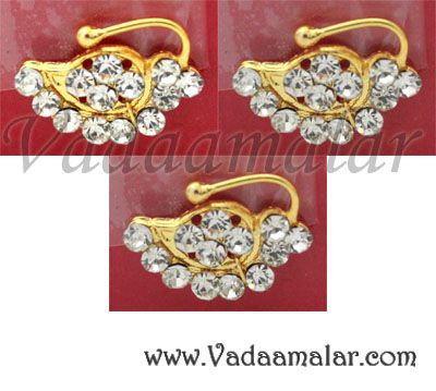 3 pieces Bharatanatyam Kuchipudi nose pin Nath White stones unpierced nose pins