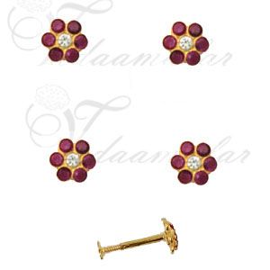 Flower Design American Diamond Nose stud for pierced nose 4 pieces Screw stype second studs for ear