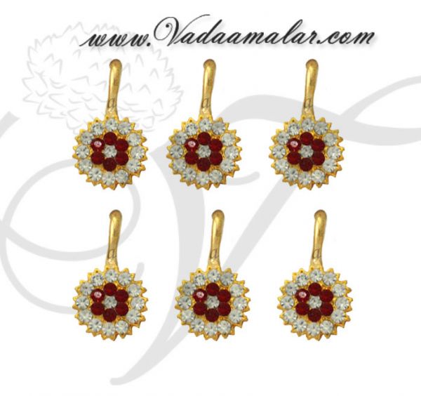 6 pieces Bharatanatyam nose pin stud flower white and red stones nose pins unpierced