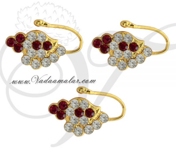3 pieces Bharatanatyam Kuchipudi Nose Pin Nath White and Maroon Color Stones Unpierced Nose Pins