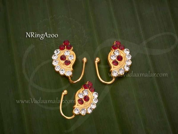Bharatanatyam Nose Pin Nath White and Maroon Stones Unpierced 3 pieces