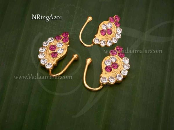 3 pieces Bharatanatyam Kuchipudi Nose Pin Nath White and Pink Color Stones Unpierced Nose Pins