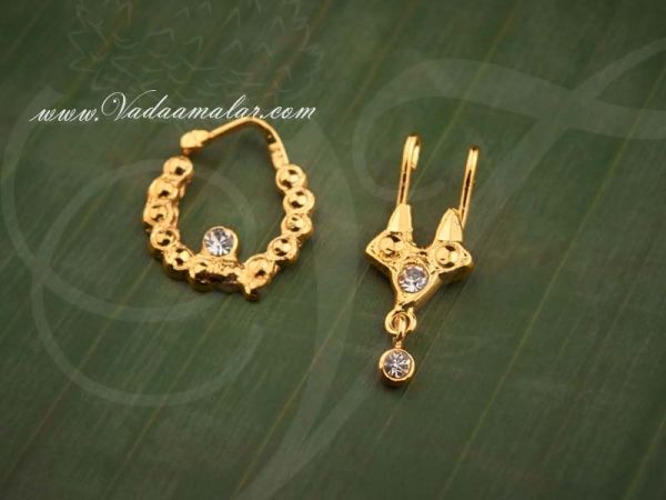 3 Pairs Imitation Gold White Stones Nose Ring Nath Bullak Bharatanatyam Kuchipudi Dance Ornaments
