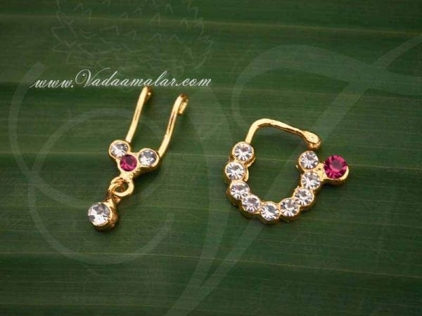 Small Size White Pink Bharatanatyam Kuchipudi Nose Ring Nath Bullak 3 pairs available online