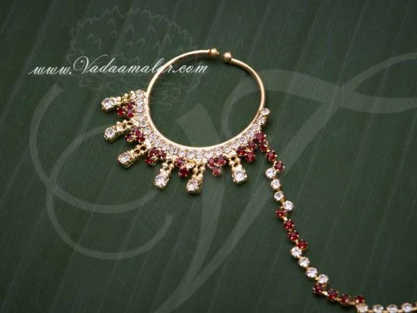Medium Nose Ring with Chain White with Green color Stones Nath buy now 