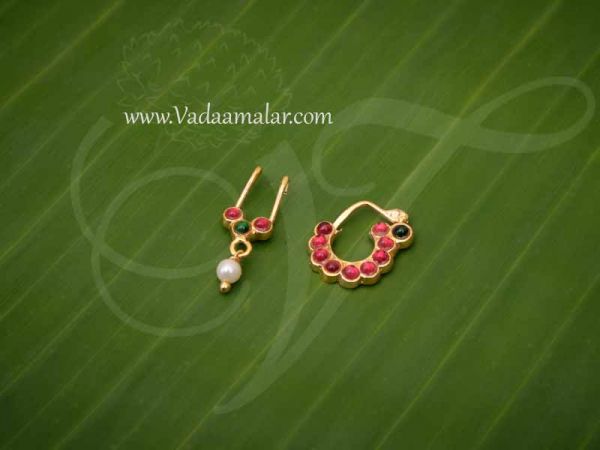 3 Pieces Bharatanatyam Kuchipudi Nose Pin Nathu and Bulaku Red Green