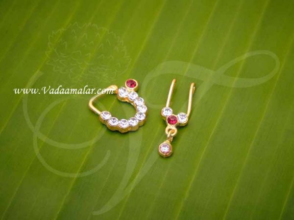 3 Sets Nath Red White Stone Nose Ring Nath Bullak Bharatanatyam Dance Ornaments