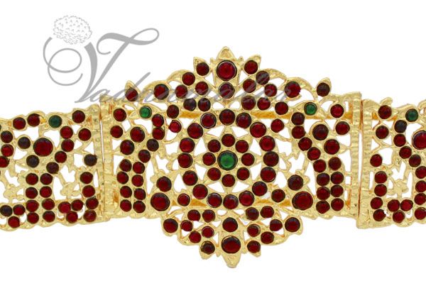 Traditional Oddiyanam Kemp Red And Green Stones Hip Waist Belt Imitation Jewelry India