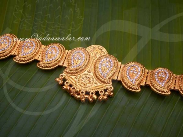 Kamarband White Stone Mango Design engraved waist belt Odiyanam Hip Belt Dance jewelry ( Small Size)