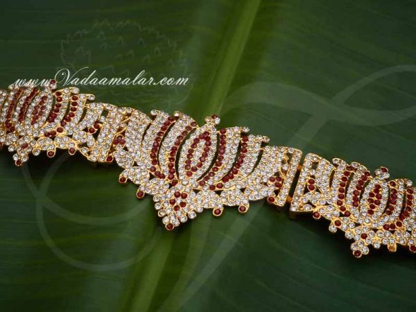 Odiyanam Kamar Patta Lotus Design White and Maroon Colour Stone Waist Hip Belt Jewellery
