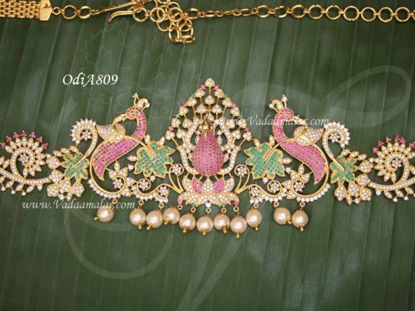 Peacock Design Oddiyanam Waist Hip Chain American Diamond Ruby Emerald