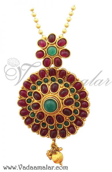 Dark maroon and green color stones pendent with matching earring set Saree Salwar