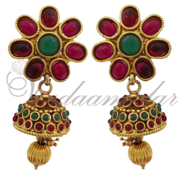 Dark maroon and green color stones pendent with matching earring set Saree Salwar