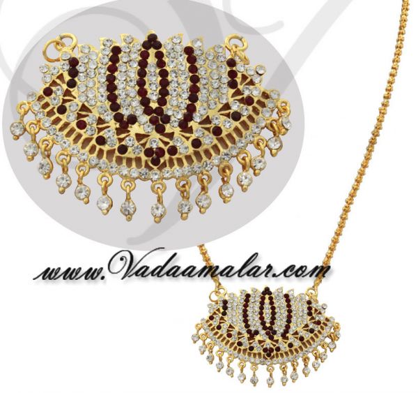 Lotus Design White and Maroon Color Stones Pendant  with Gold plated Long Chain