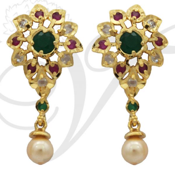 3 inches Ruby Emerald Stones Pendant and Ear Studs Set India Jewellery Saree Salwar
