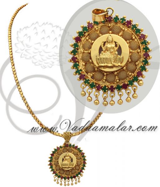 Goddess Lakshmi ruby emerald stone pendant with long chain gold plated