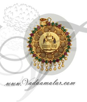 Goddess Lakshmi ruby emerald stone pendant with long chain gold plated