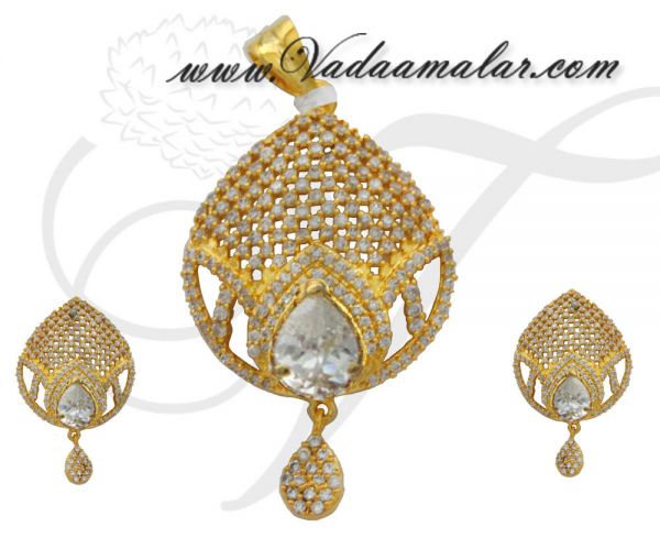 American Diamond Stones Pendant and Ear Studs Set India Jewellery Saree Salwar