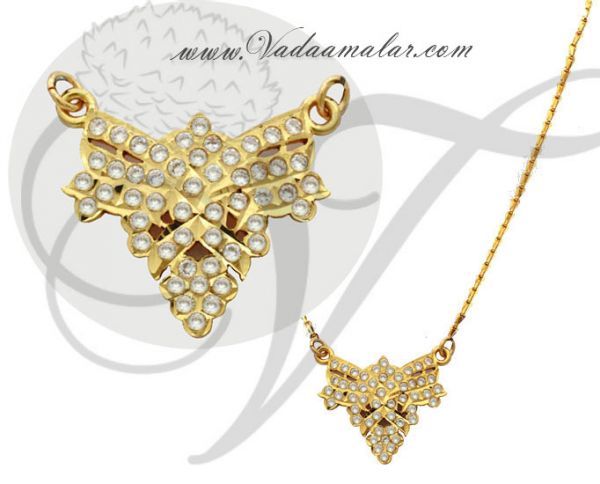 Traditional white stone pendant with gold plated chain for sarees 