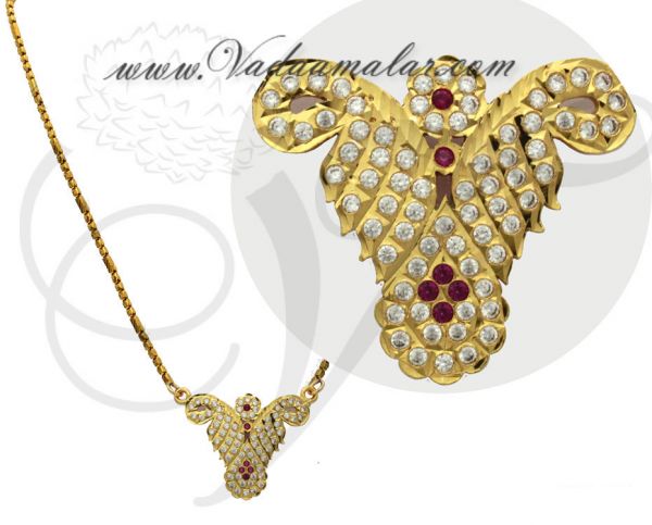 Traditional white and pink stone pendant with gold plated chain for sarees 