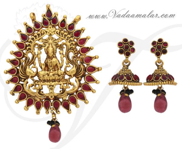 Antique lakshmi design pendant with matching earring for traditional India sarees and salwars