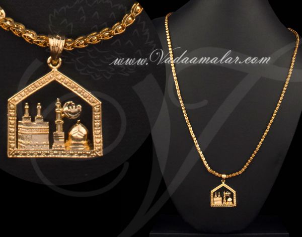 Mekka,Mecca,Makka Pendant with Gold Plated Long Chain 