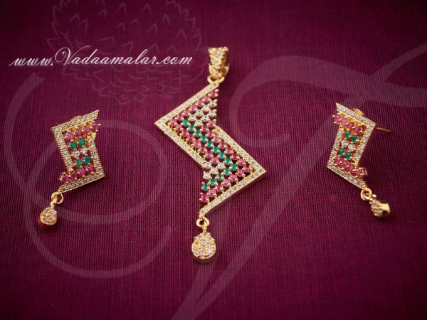 Ruby Emerald Stones Pendant and Ear Studs Set India Jewellery Saree Salwar