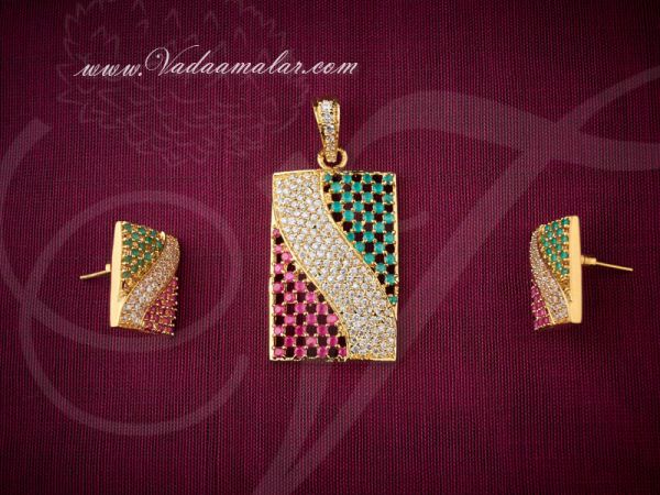 Ruby Emerald Stones Pendant and Ear Studs Set India Jewellery Saree Salwar