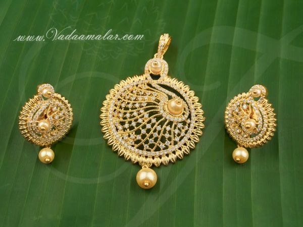Gold Plated Pendant and Ear Studs Set India Jewellery Saree Salwar