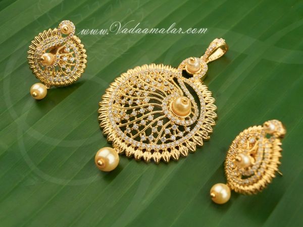 Gold Plated Pendant and Ear Studs Set India Jewellery Saree Salwar