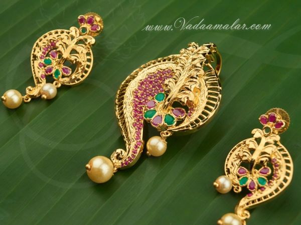 Trendy Design Pendant and Ear Studs Ruby Emerald Stones 