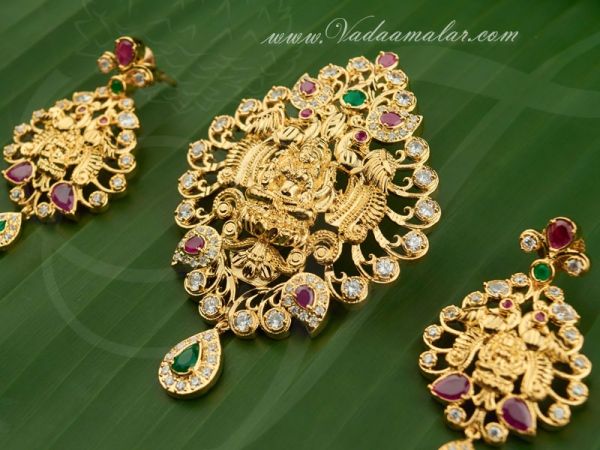 Lakshmi Design Pendant and Ear Studs Ruby Emerald Stones 