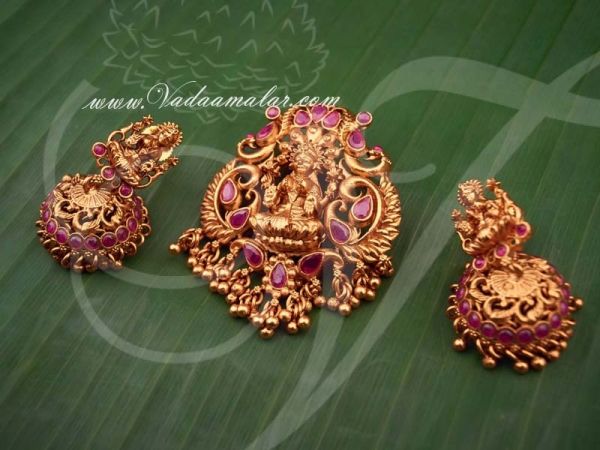 Antique Lakshmi Design Maroon Stone Pendant with Matching Earring Set