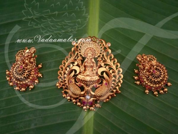 Antique Lakshmi Design White and Maroon Stone Pendant with Matching Earring Set