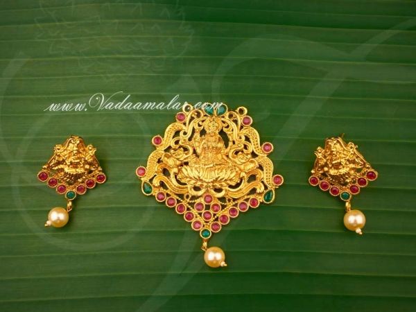 Antique Lakshmi Design Pink With Green Stones Pendant with Matching Earring Set