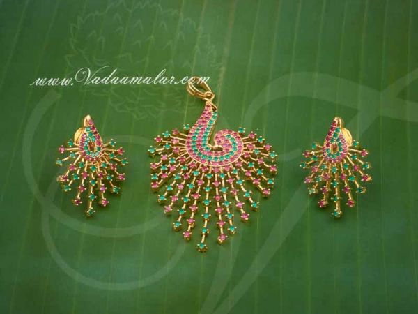 Ruby Emerald Stones Pendant and Ear Studs for Saree Salwar