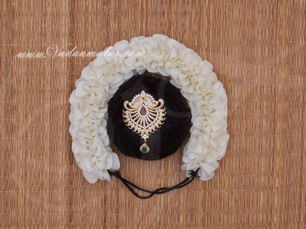 Indian Bridal Hair Design Band Bun with American Diamond,Ruby and Emerald Jewellery and White Flower Buy Now