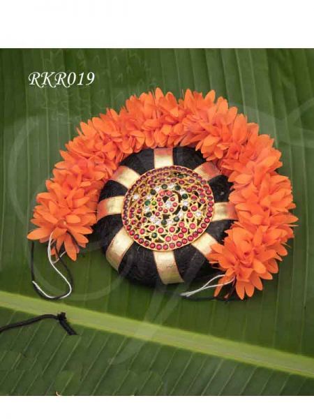 Orange Veni Flower Hair Dougnut Ring decoration Rakodi with Orange Flower 