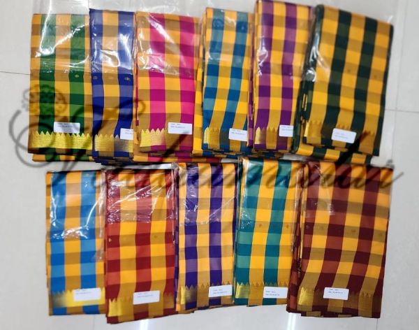 Poly Cotton South Indian Saree Checked design Assorted Checks Sari Kurati