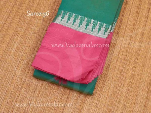 Turquoise with Pink Border Art Silk Blended Saree With Blouse Piece 