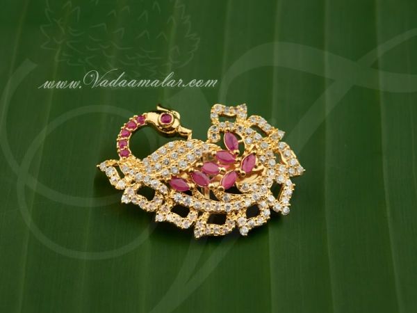 Peacock Design Saree Pins Gold plated American Diamond And Ruby Stone Gift Jewelry