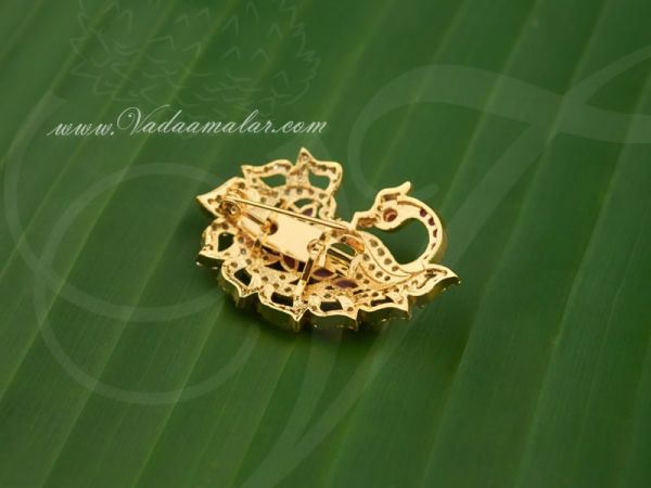 Peacock Design Saree Pins Gold plated American Diamond And Ruby Stone Gift Jewelry
