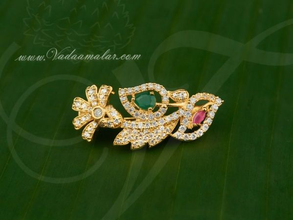 Saree Pins Gold plated American Diamond And Ruby Emerald Stone Gift Jewelry