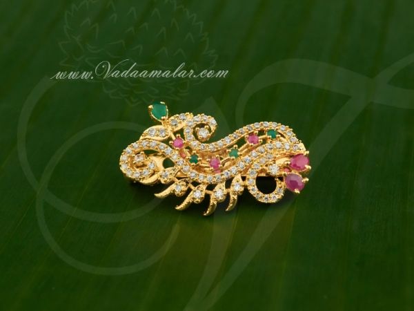 Saree Pins Gold plated American Diamond And Ruby Emerald Stone Gift Jewelry