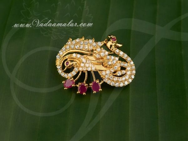 Peacock Design Saree Pins Gold plated American Diamond and Ruby Stone Gift Jewelry
