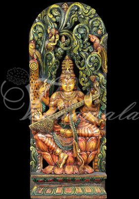 Beautiful Goddess Saraswathi Carvings Traditional stage screen Prints decorations India festival cultural gatherings