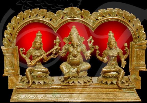 Flex banner prints of Lakshmi Saraswathi Ganesha Brass decorations India festival cultural gatherings