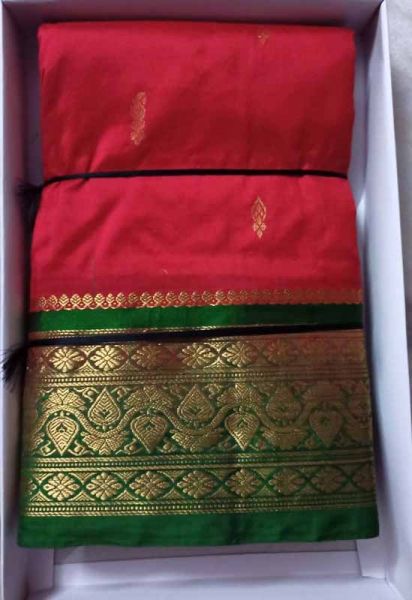 Red with Green Border Dharmavaram Silk Saree Contrast Colour Red Border